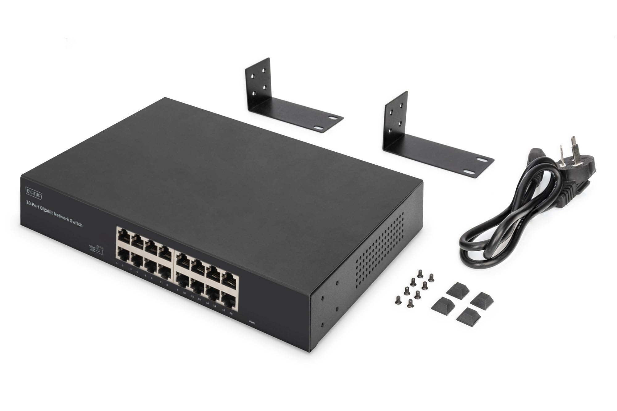 DIGITUS DN-80112-2 - Conmutador de Red Gigabit - 16 Puertos - no gestionado - sin Ventilador - Compatible con VLAN y CCTV - 16x RJ45-10/100/1000 Mbit/s - Soportes de Montaje de 19 Pulgadas - Negro