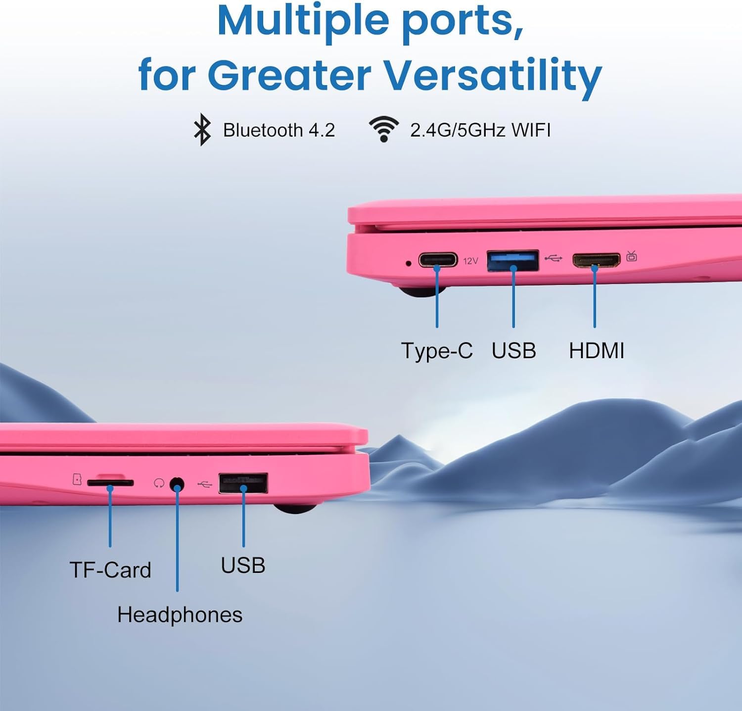 Mini computer portatile con processore Celeron (fino a 2,6 Ghz), 8 GB di RAM, SSD da 256 GB, schermo HD IPS, notebook educativo portatile per apprendimento, lavoro d'ufficio, rosa