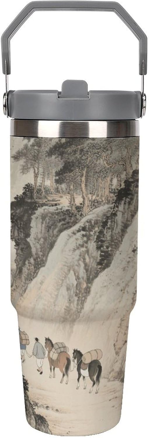 30 Oz Insulated Mug with Handle Lid And Straw Traveling in The Mountains And Streams Pattern Large Metal Sports Bottle Great for Gifts Parties Office Coffee