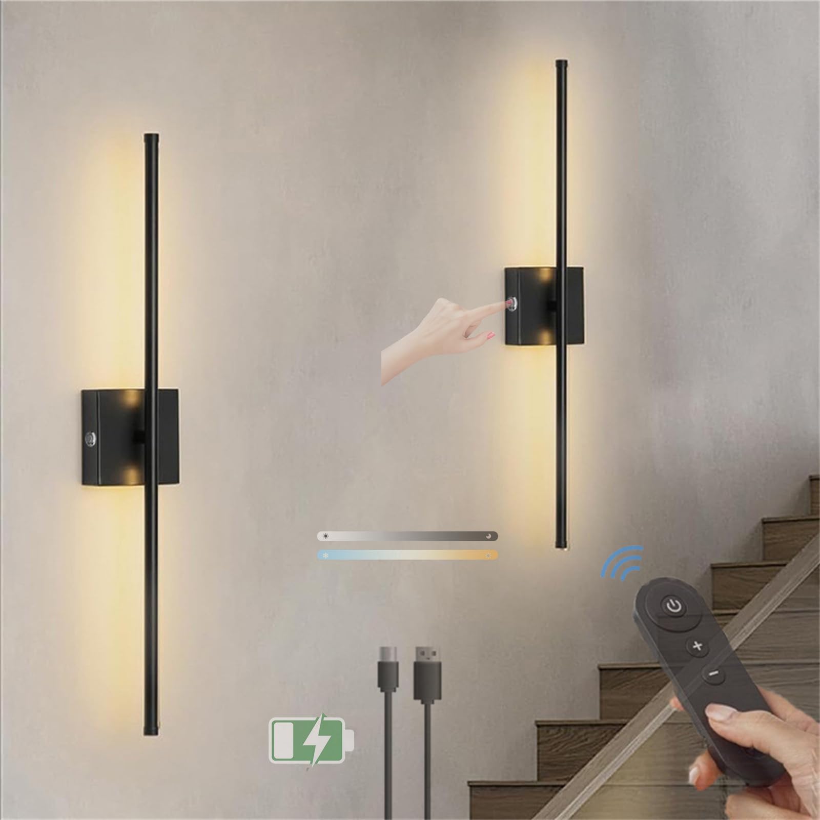 LED Battery Operated 360°Rotating Wall Lamp Indoor Wall Sconces 3 Colour Dimmable with Remote Control Wall Lights USB-C Rechargeable with Switch Wall Lighting Linear for Bedroom (2 Packs,Square Black)