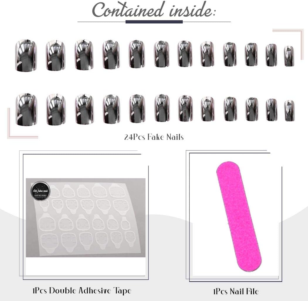 Fairvir Fashion Fake Nails Black Mirror False Nail Full Cover Acrylic Punk Prom Daily Clip Press On Nails for Women and Girls(24Pcs) - Image 3