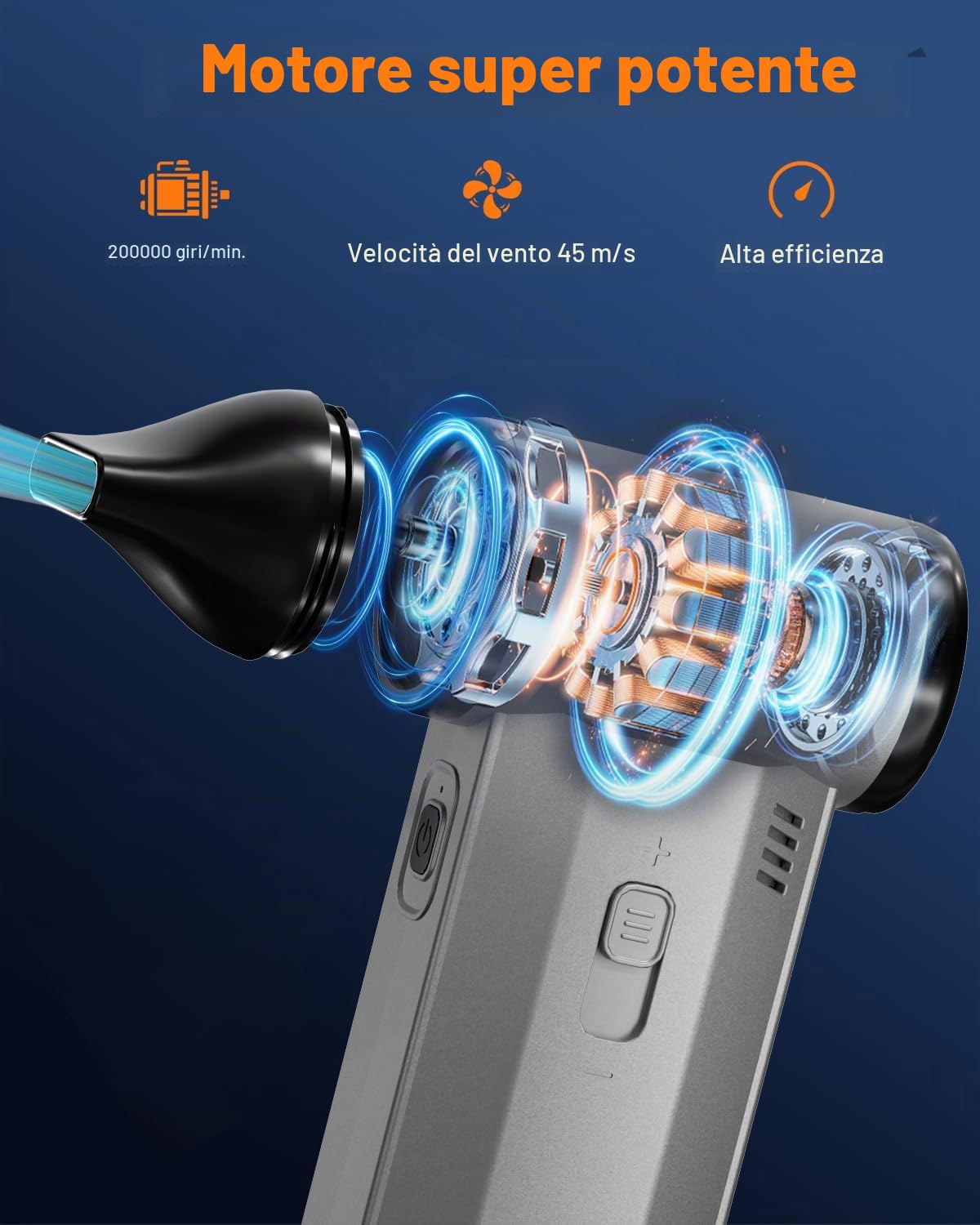 Buyounger Soffiatore Elettrico, Soffiaggio e Aspirazione Integrati, 200000 RPM Regolazione Infinitesimale della Velocità Aria Compressa, 8000 mAh, Ricaricabile, per Computer, Tastiera, Casa e Auto