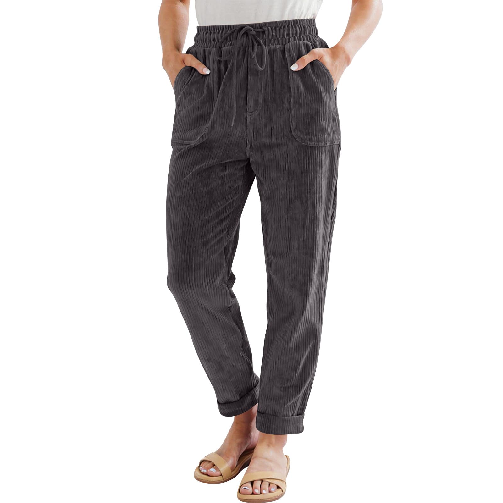 Vintage Corduroy Pants Women Dressy Casual Straight Leg Pants with Pockets Fall Comfortable High Waist Work Trousers