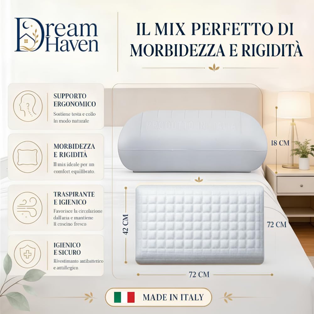 DREAM HAVEN Cuscino Alto 18 cm in Memory Foam, Antirussamento e Antireflusso, Cuscino Cervicale per Dormire con Federa Refresh Antiacaro e Anallergica, Cuscino Letto Ergonomico Made in Italy (1)
