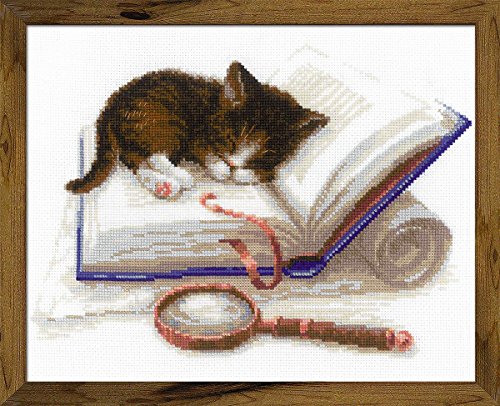 Image of RIOLIS - Kitten on the Book 1725, Cat Lovers Cat Cross Stitch Kits 11,81 inch x9,45, Cross Stitch Kits for Beginners & Advanced, Crossstitching Kits Adult, Counted Stitching Kits, Kitten Embroidery Kit