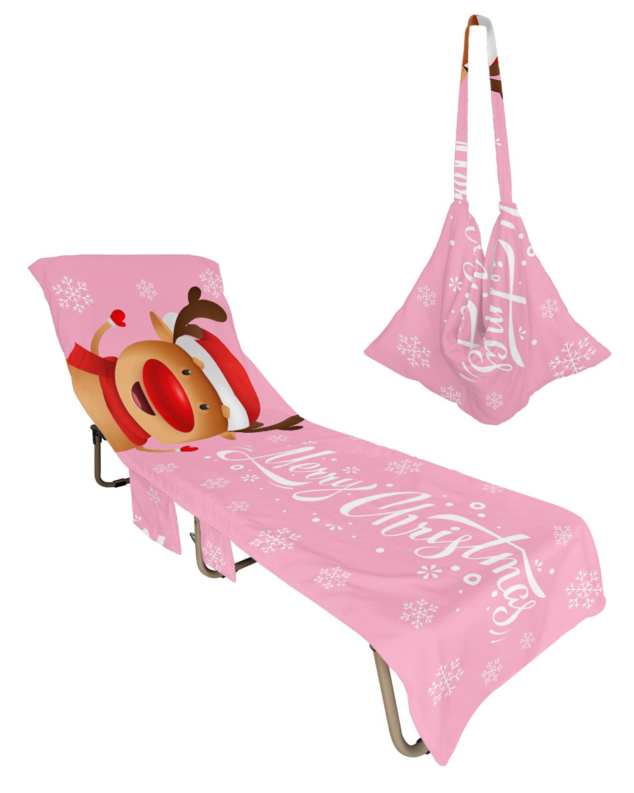 Pink Christmas Elk Beach Lounge Chair Towel Cover, Soft Chaise Lounge Towel with Side Pockets Patio Pool Chairs Cover for Beach/Pool Sunbathing 29x85 Xmas Deer Winter Snowflake