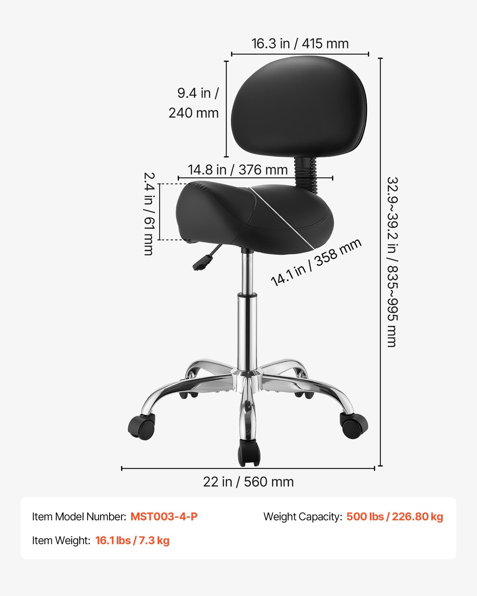 VEVOR Taburete Tipo Silla de Montar, Taburete Giratorio con Ruedas y Respaldo, Altura Ajustable de 53-69 cm, Capacidad de Carga 226,8 kg, Asiento Ergonómico, Silla para Oficina Estudio Clínica, Negro