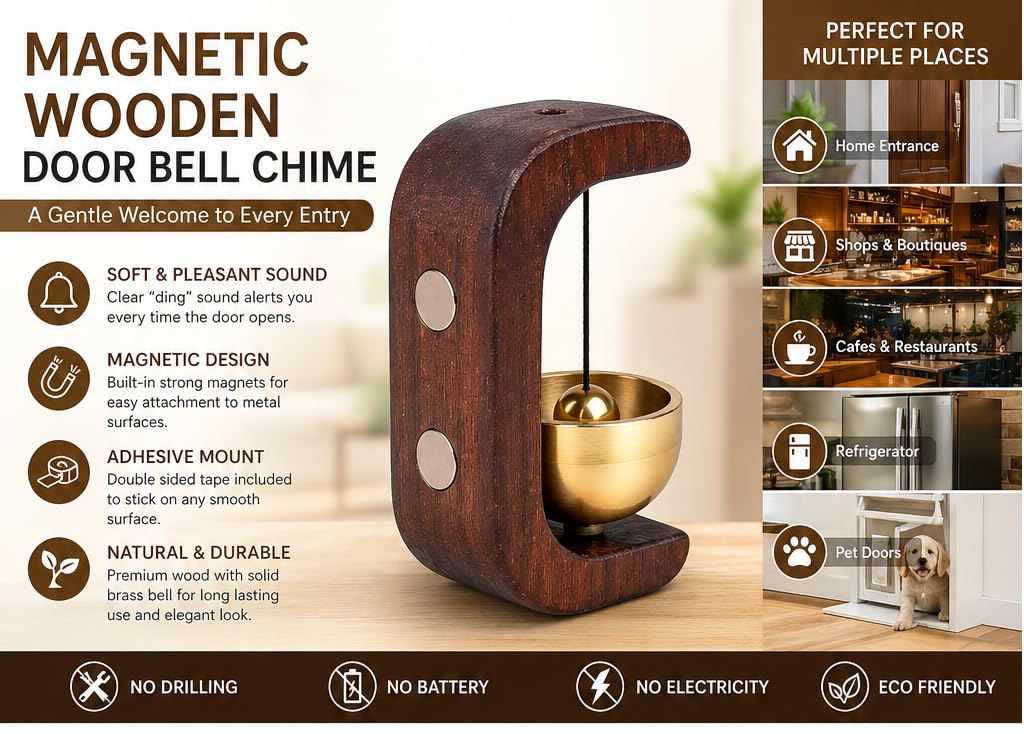 Wooden Door Bell Chime for Door Opening, Brass Shopkeeper Entry Bell, Door Chime for Home, Office, Shop, Cafe, Refrigerator | No Drill Adhesive Mount, Soft Sound Wind Chime Decor (1) — Amazon image 2