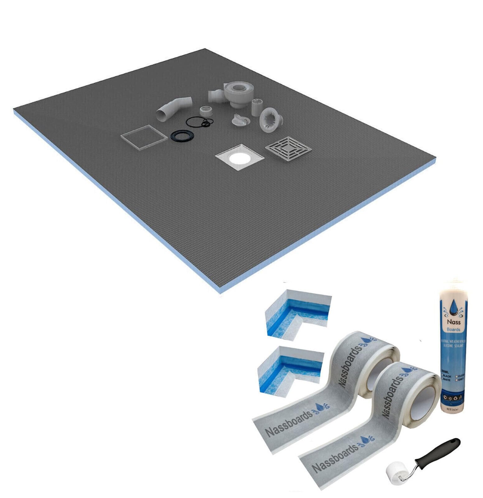 Nassboards Wetroom Shower Tray & Sealing Kit Waterproof and Watertight Design with Drain and Installation Guide Including Sealing Tape, Grate, Base with XPS Quality Standard
