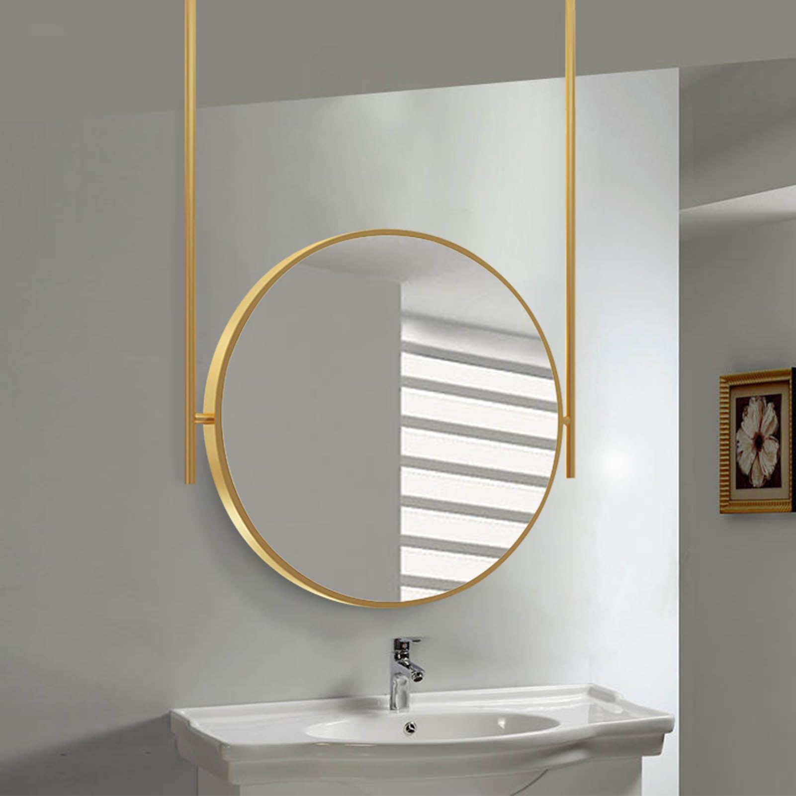 SXFSDOU Gold Metal Iron Framed Round Vanity Mirror, Wall Decorative Mirror of Bathroom Living Room Bedroom, Suspended Floating Rod Mirror(Diameter-60CM/23.6INCH)