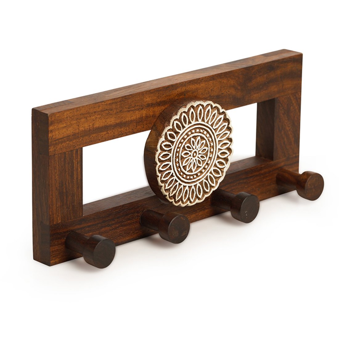 ExclusiveLane 'Floral' Sheesham Wooden Key Holder for Home Décor Stylish (4 Hooks, Hand-Crafted, Brown)| Key Hangers for Wall Key Holder Stand Key Stand for Wall Key Chain Holder 1
