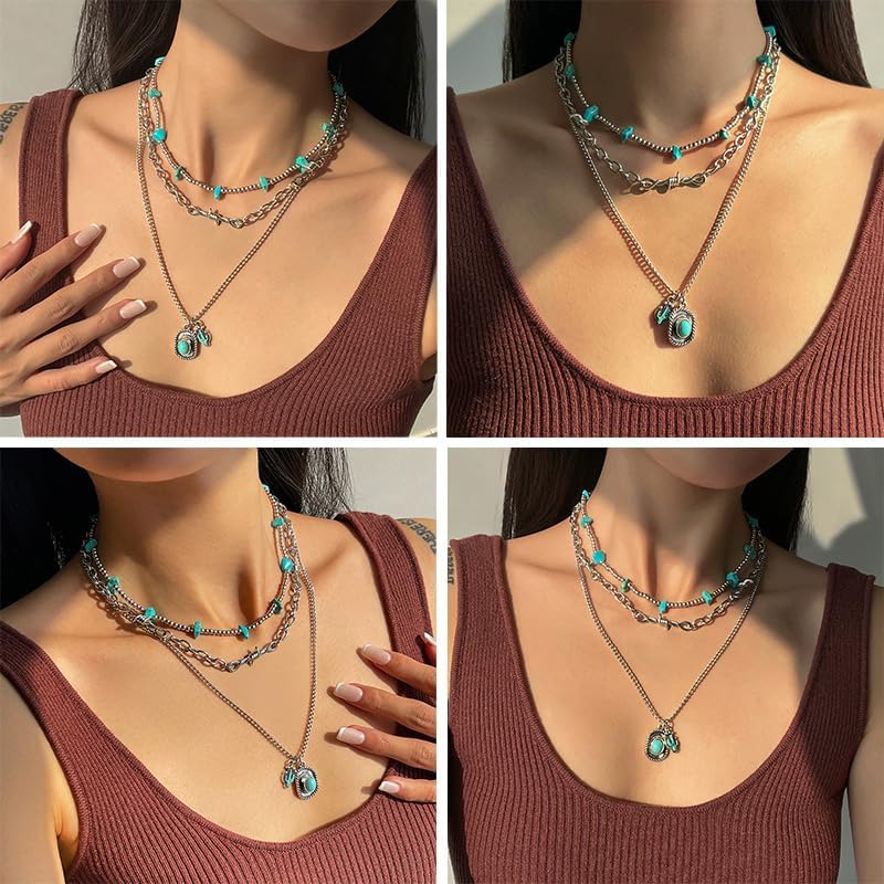 Western Silver Turquoise Necklaces Stack Vintage Country Cowgirl Cowboy Hat Beaded Layered Choker Necklace Boho Hippie Jewelry Accessories for Women - Image 4