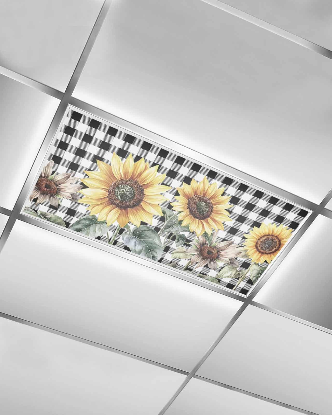 EwdeWwo Sunflower 1 Pcs Fluorescent Light Covers for Ceiling Lights, Buffalo Plaid Farm Sunflower Magnetic Light Filters for Eliminate Harsh Glare Classroom Office Decoration, 4 x 2 Ft