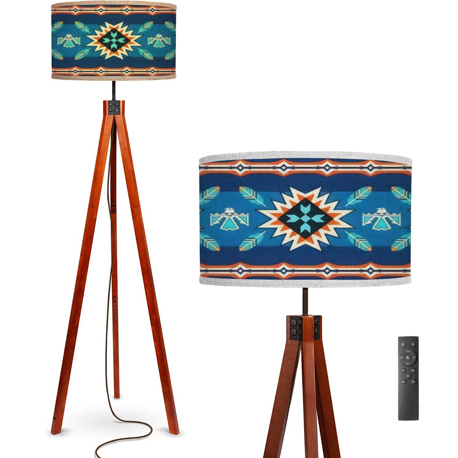 Floor Lamp Seamless Ethnic Native American Design for Carpet Clothing Standing Lamp Solid Wood Legs Modern Tall Lamp Tripod Floor Lamp with Flaxen Shade for Living Room, Bedroom, Office