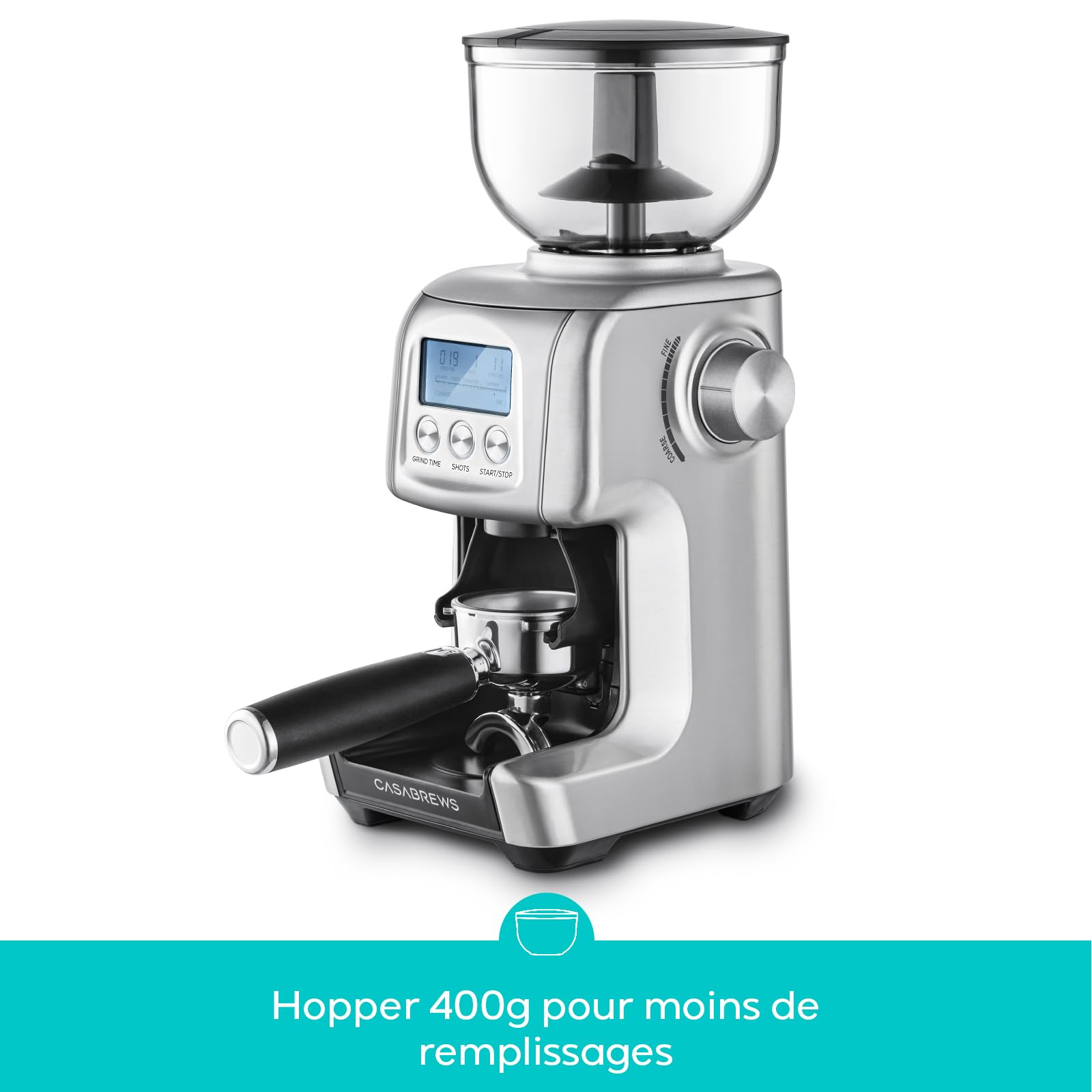 CASABREWS Moulin à café électrique, Broyeur Cafe Grain avec 77 Réglages de Mouture Précise, Moulin café Avec RéGlage De La Tasse Et De L'Heure, Du Porte-Filtre, écran LCD, 400g