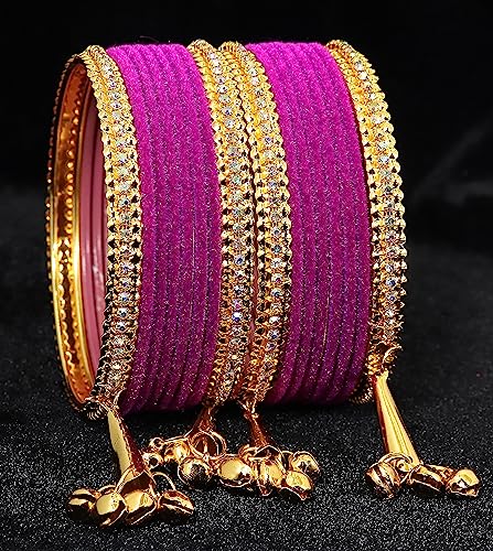 Image of NMII Metal with Zircon Gemstone and Velvet Studded Bells Latkan Bangles Set For Girls and Women I Latkan Bangles, Premium Bangle Bracelet Set I Pack of 16 Bangles