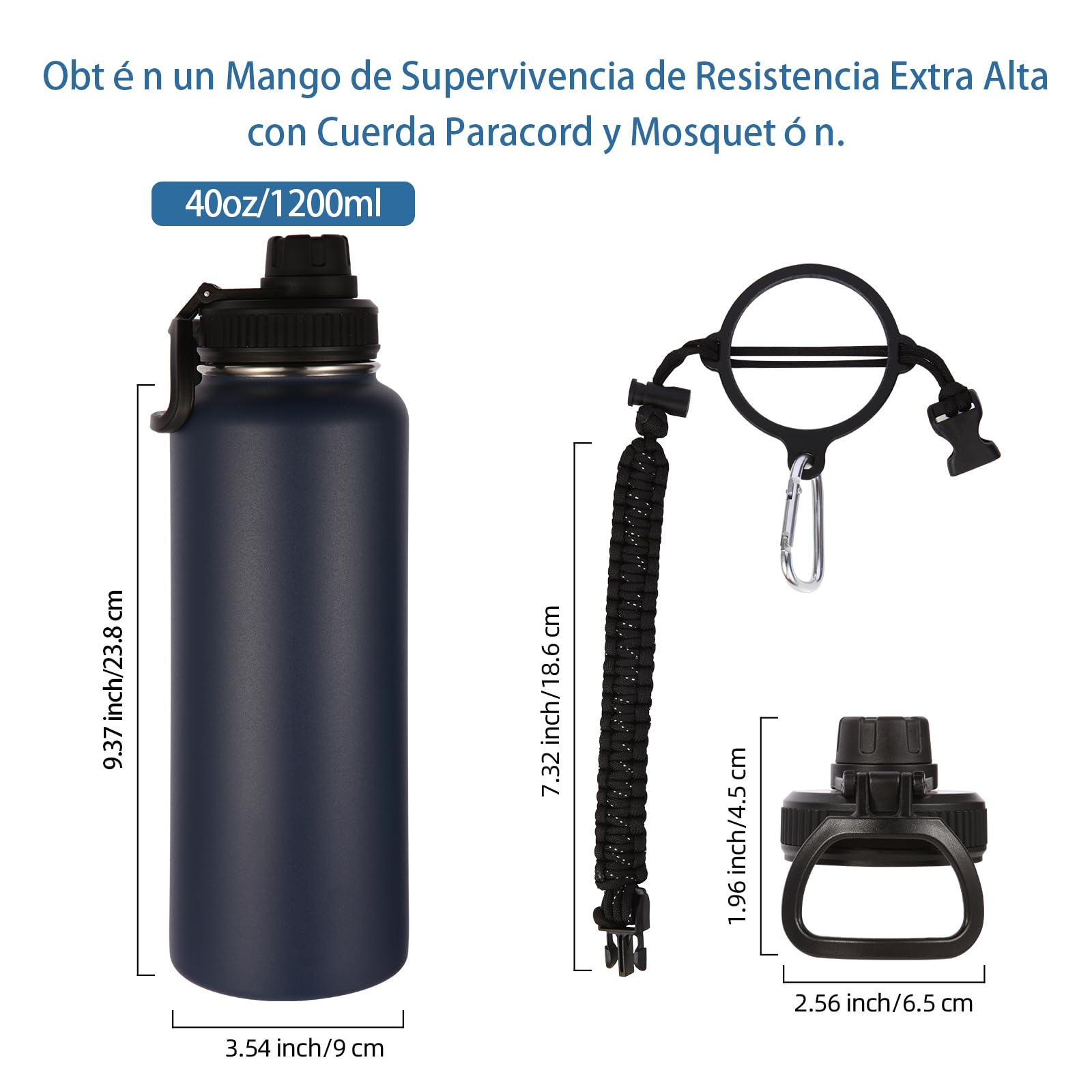 Volhoply Insulated Water Bottles Bulk 8 Pack, 40 oz Stainless Steel Sports Bottle with Paracord Handle & Spout Lid, Double Walled Travel Water Thermos with Wide Mouth, Reusable Water jug(Navy,8 Set)