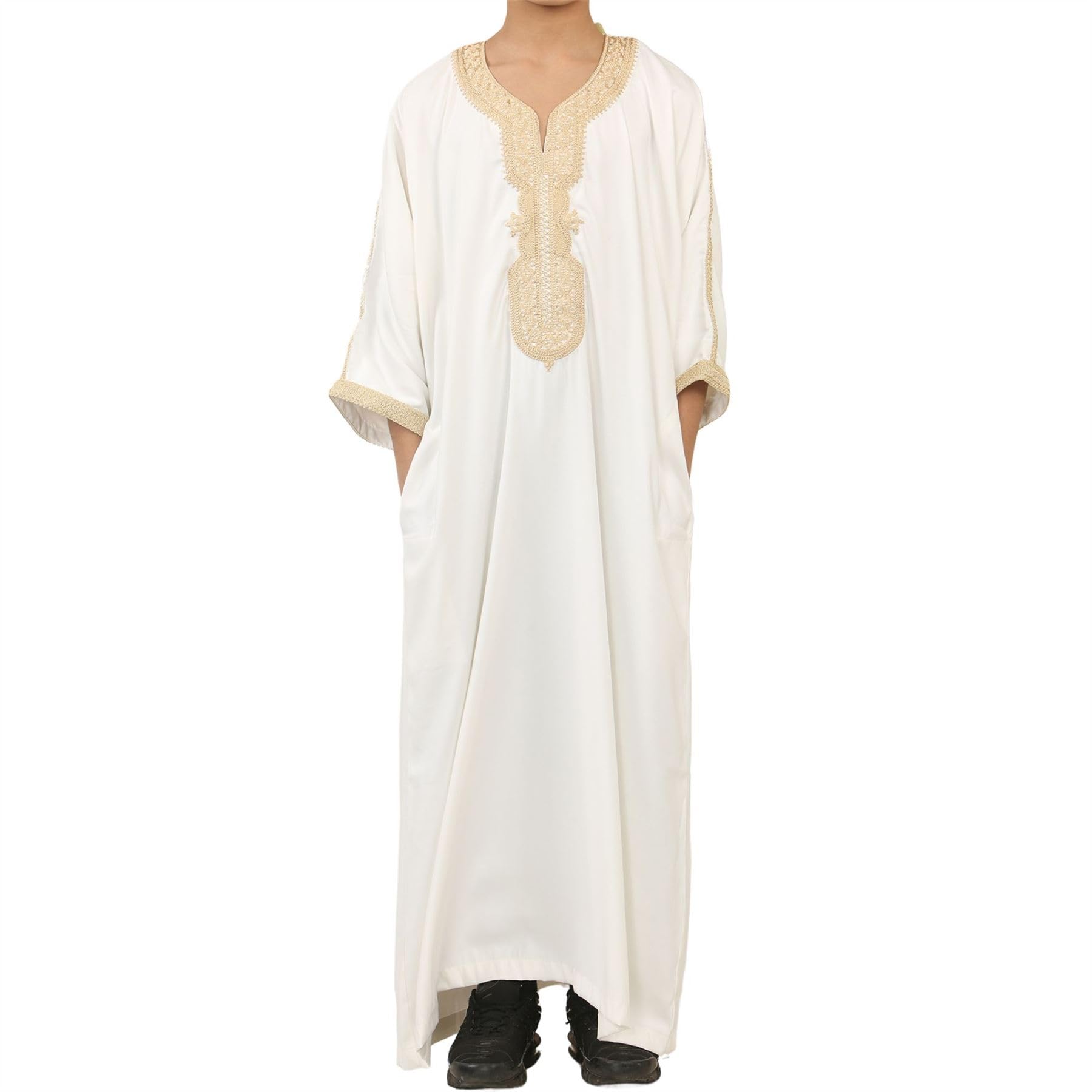Thobez Boys White Gold Moroccan Thobe Short Sleeve Gandoura Embroidery Kaftan Jubba - 40