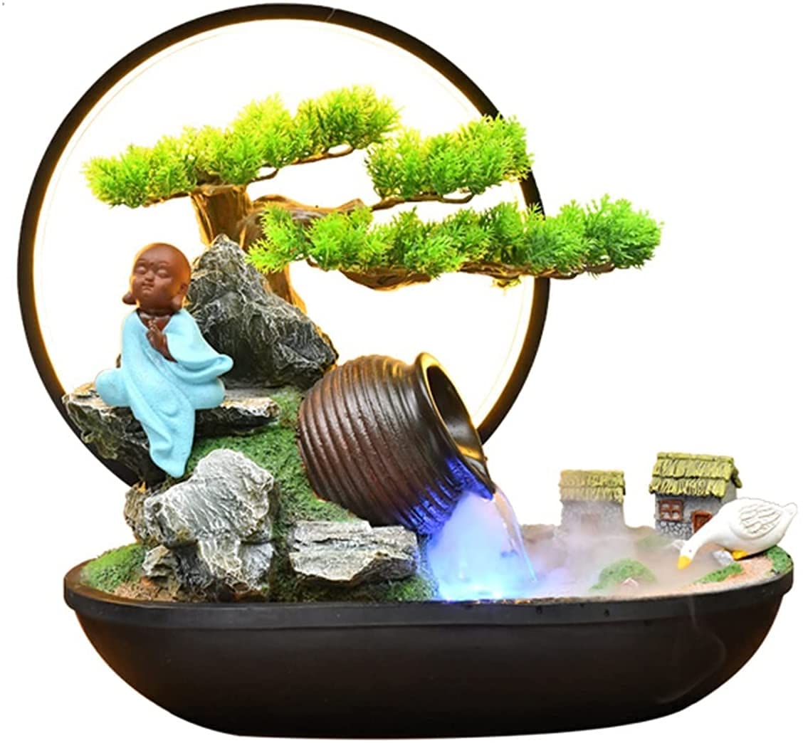 Fontaine de table cascade d'intérieur lumineuse avec roue Feng Shui