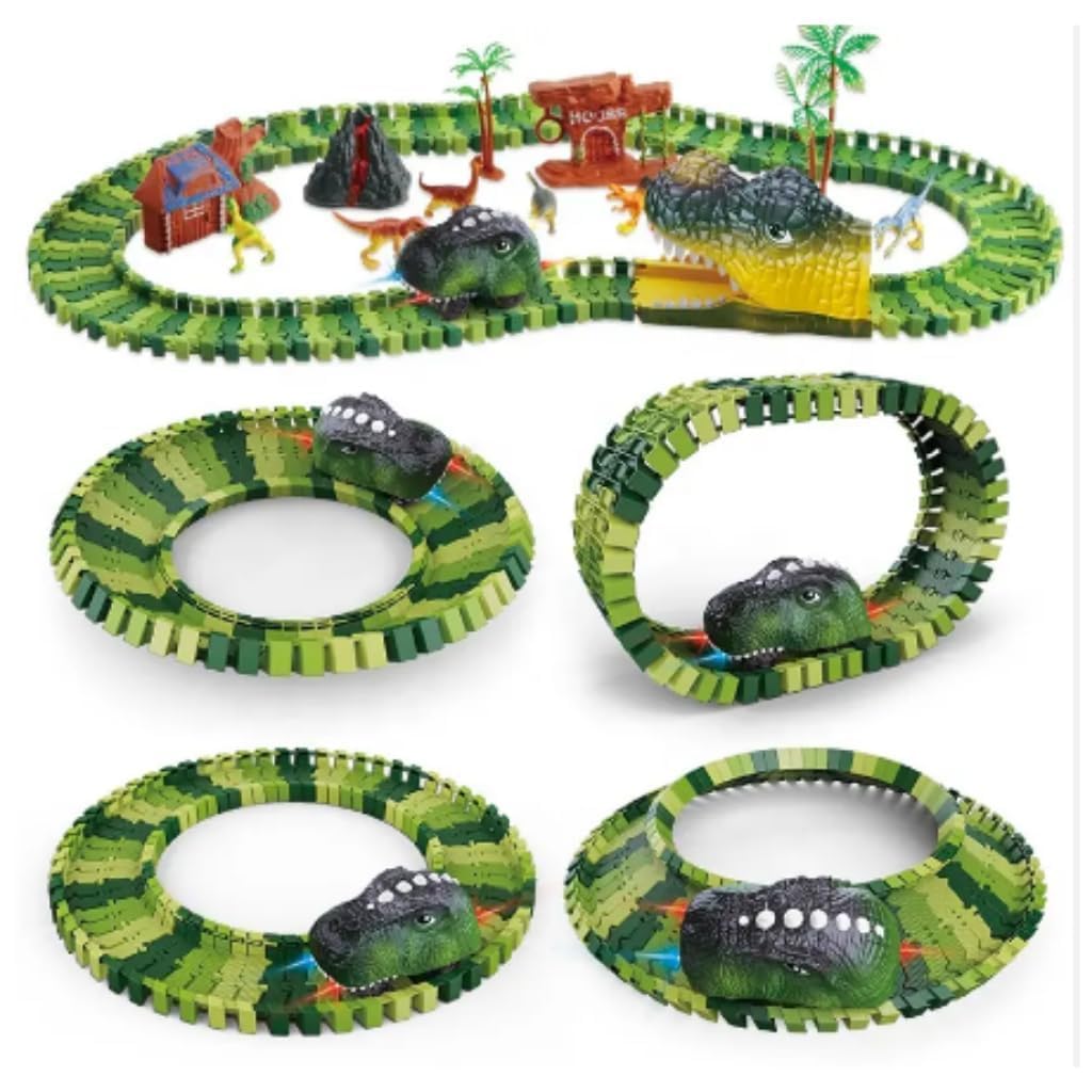 Black Foru 183 Pcs Dinosaur Race Toys Set with Flexible Train Tracks, 2 Dinosaurs, 1 Light Dino Car, Kids Toddlers Race Car Toys for 3 4 5 6 7 8 Year Old Boys Girls Christmas Birthday Gifts 2