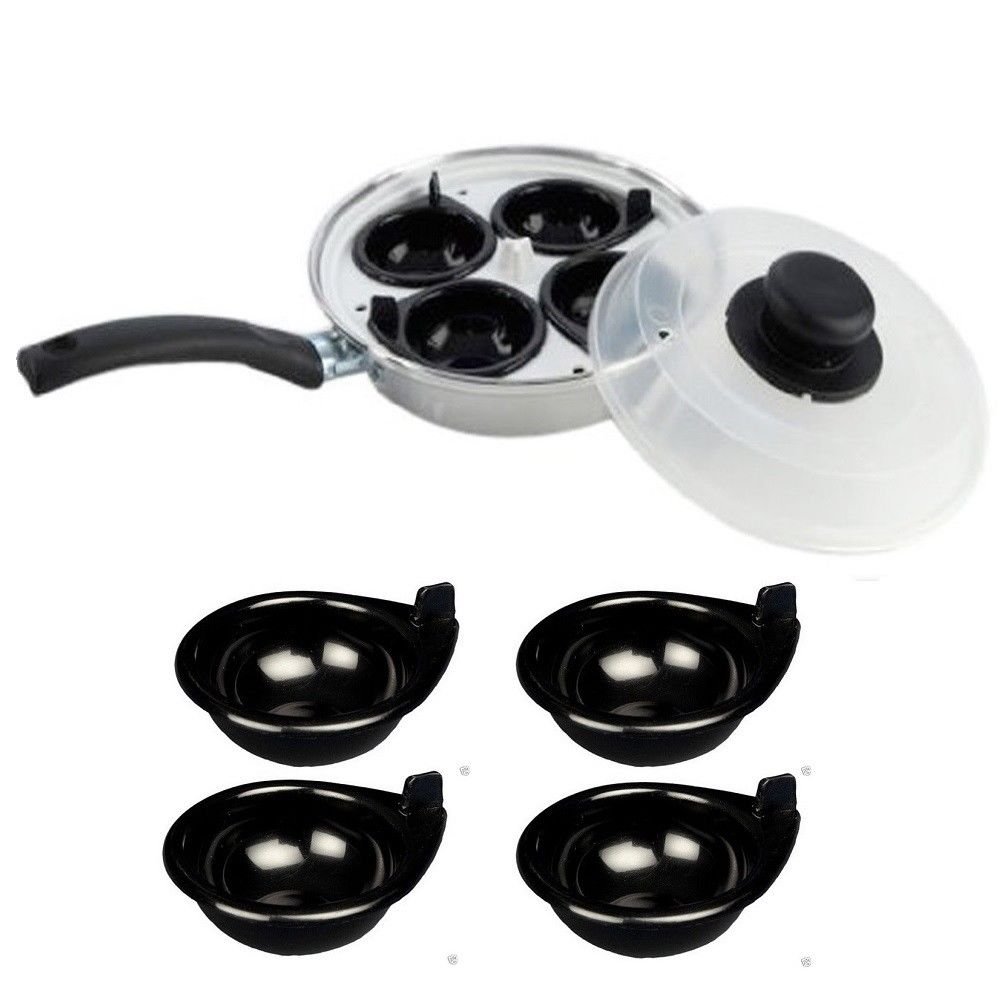 Easy Shopping Egg Poacher, 4-Cup, Black, Non-Stick, Carbon Steel, Round, With Plastic Lid