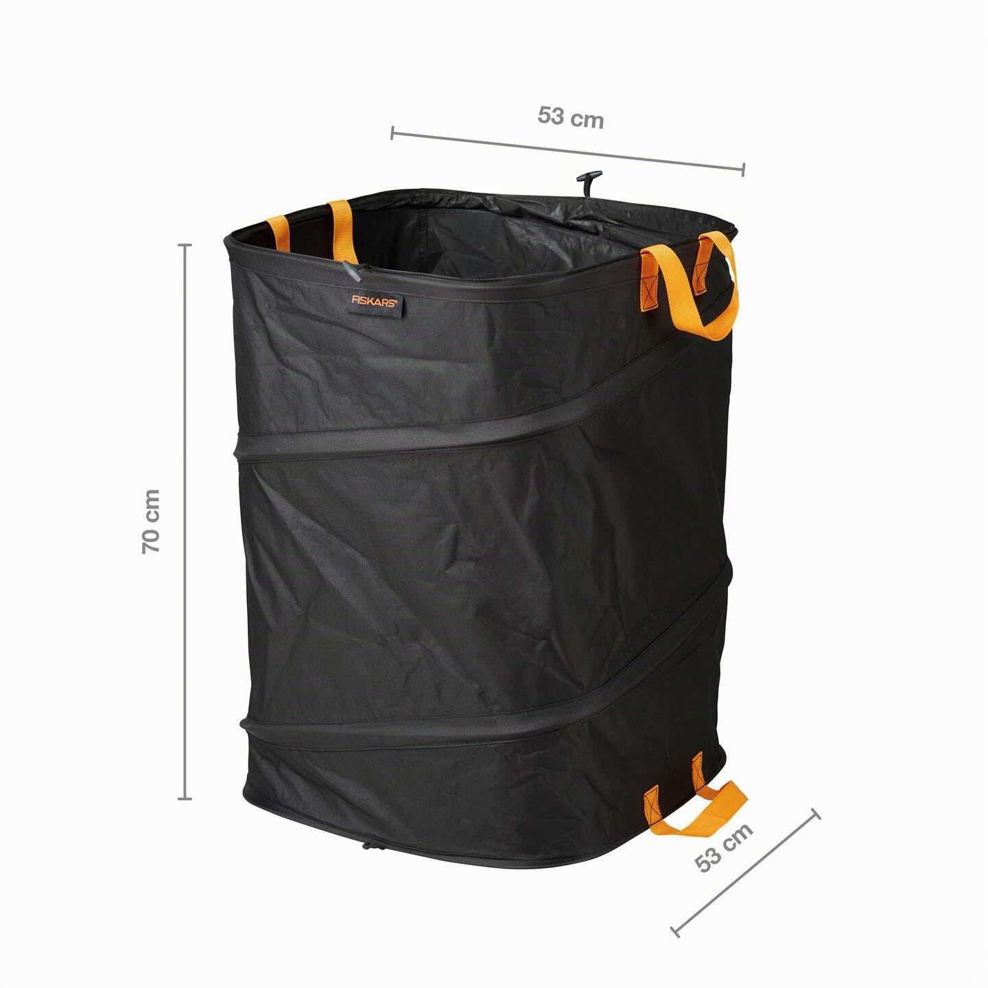 Fiskars Sacco da giardino PopUp con maniglie, Pieghevole per risparmiare spazio, Capacità: 175 L, Altezza: 70 cm, Larghezza: 50 cm, Nero/Arancione, Ergo, 1028372