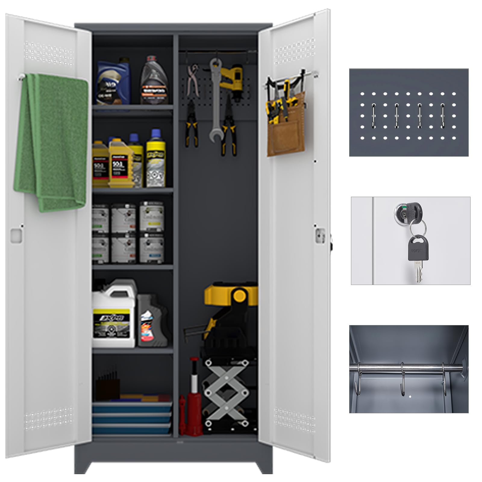 IRONFFICE Storage Cabinet,Metal Locking Storage Cabinets with Pegboard,Broom Closet Storage Cabinets with Doors and Shelves,Utility Tool Cabinets for