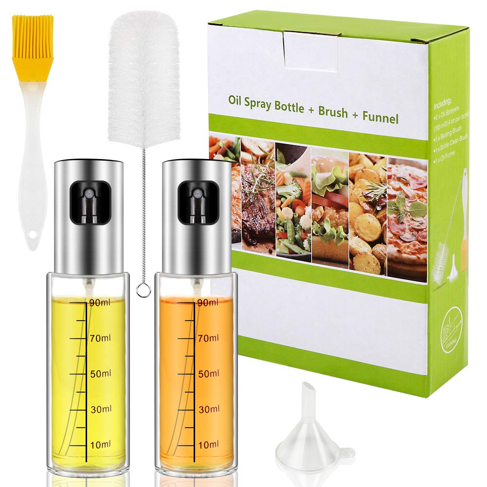 OurWarm Oil Sprayer for Cooking, 2 Pack Olive Oil Sprayer Mister with Oil Brush Funnel, Refillable Olive Oil Spray Bottle, 100ml Oil Spritzer Dispenser Spray for BBQ Salad Baking Air Fryer Roasting