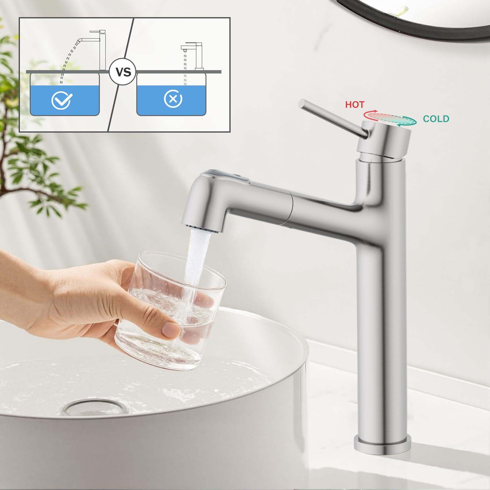 HURRAN Rubinetto Bagno Lavabo, Miscelatore Alto per Lavabo, Miscelatore Estraibile con 2 Modalità di Erogazione, Rubinetto Bagno Monocomando in Acciaio Inox, Nichel Spazzolato