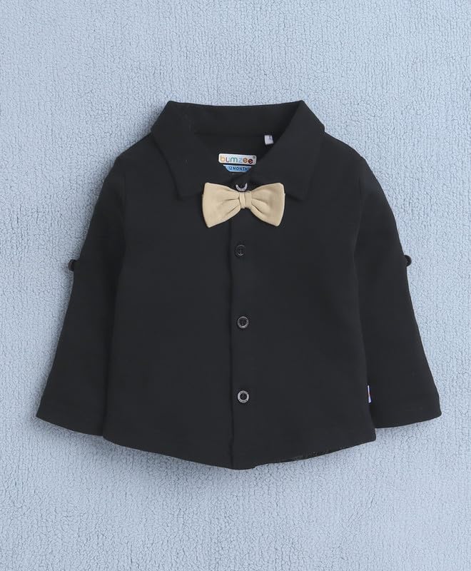 Image of BUMZEE Boys Regular Fit Full Sleeves Collar Neck Cotton Shirt Waistcoat & Short Set With Applique Bow
