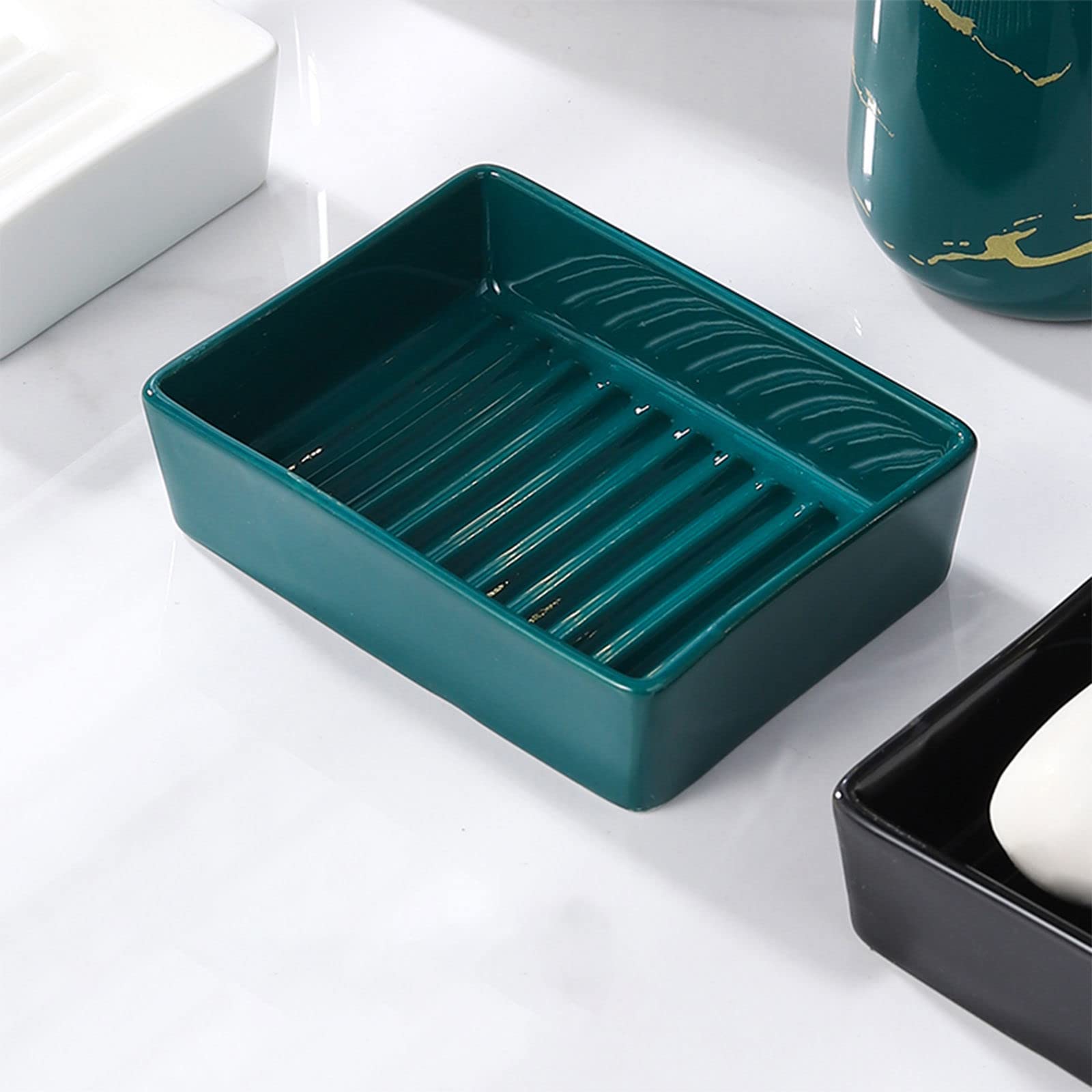 Botella de lavado de manos, dispensador de jabón de vidrio, jabonera rectangular de cerámica y dispensador de loción, baño, cocina, jabonera y dispensador de jabón, negro, jabonera (color: blanco) ( C