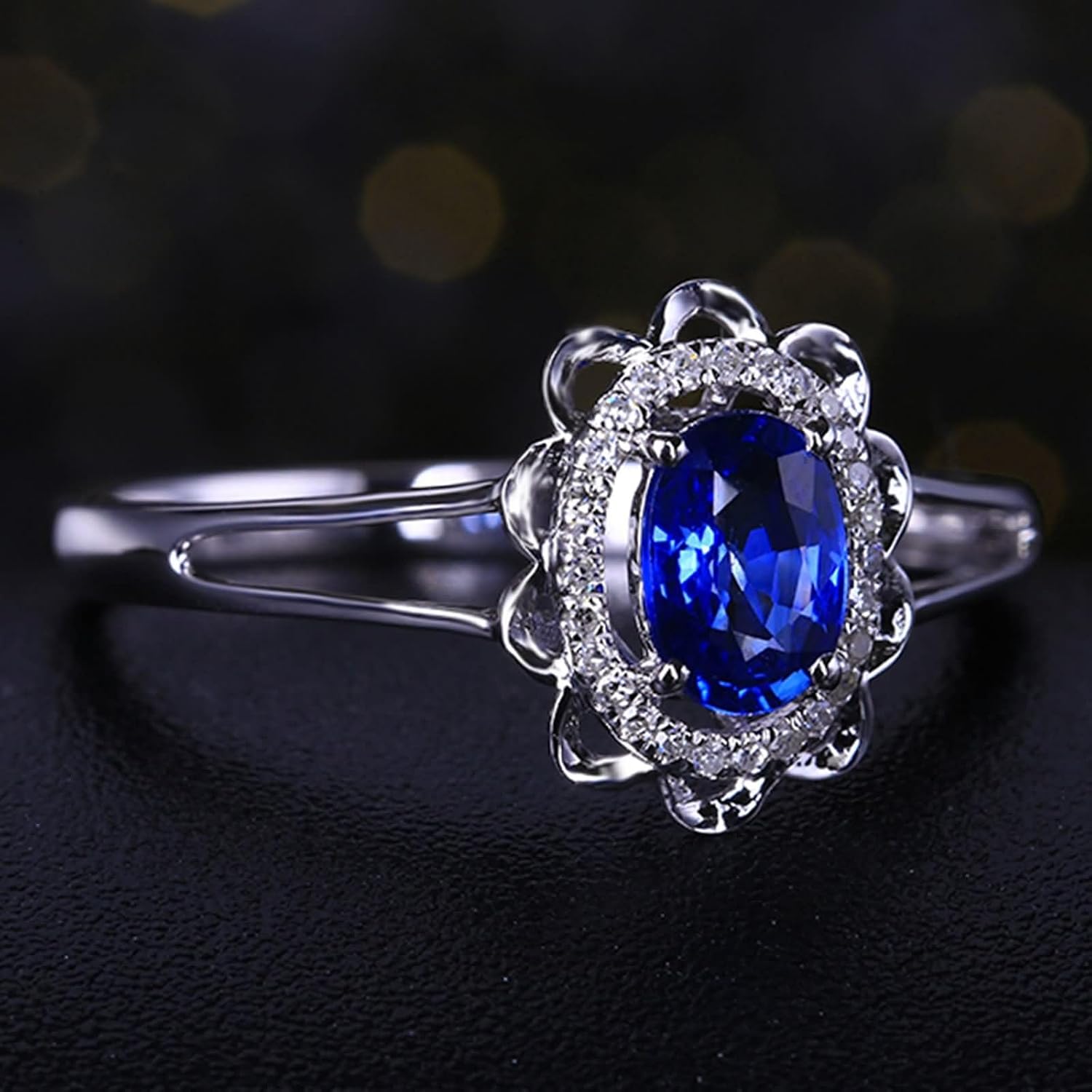 Anniversary Rings for Women White Gold 9K/14K/18K, Hollow Flower and Oval with 0.6ct Created Sapphire and Moissanite, Wedding Rings for Women Silver Blue
