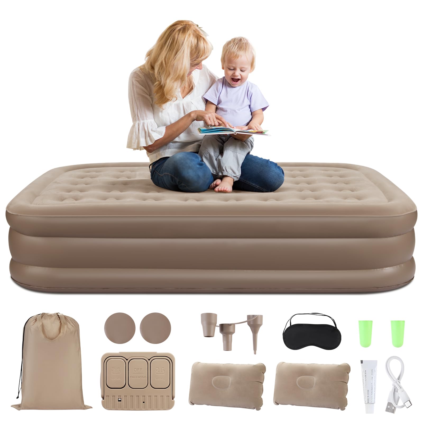 DEWINNER King Size Airbed,Inflatable Mattress, Air Bed with Built in Pump, Blow Up Mattress, 2*Pillow,Quick 3-Min Inflation/Deflation,Flocked Surface,Bed for Home,Camping and Guests