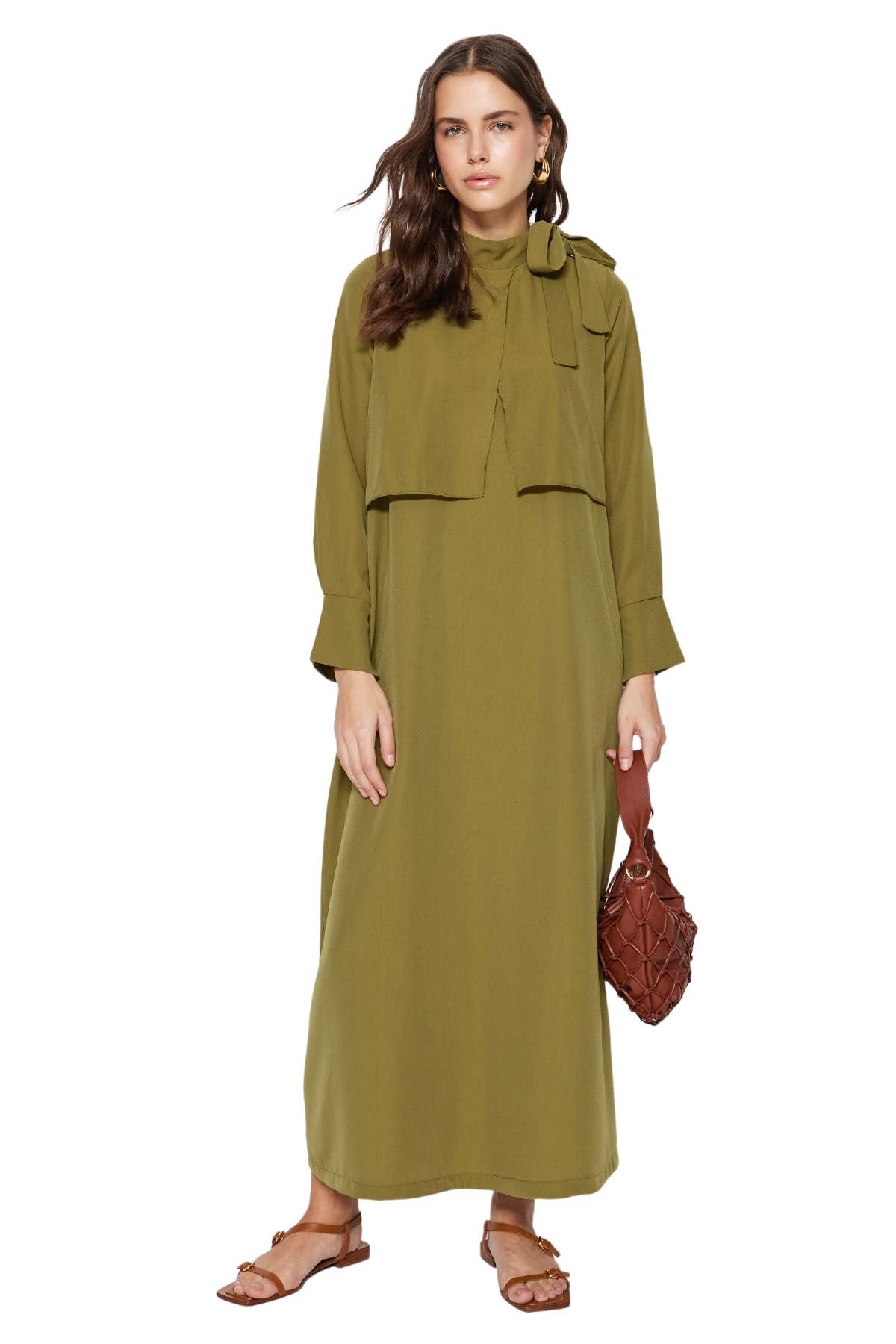 Trendyol Women's Straight Maxi Long Sleeve Casual Regular Hijab Dress, Khaki, 8