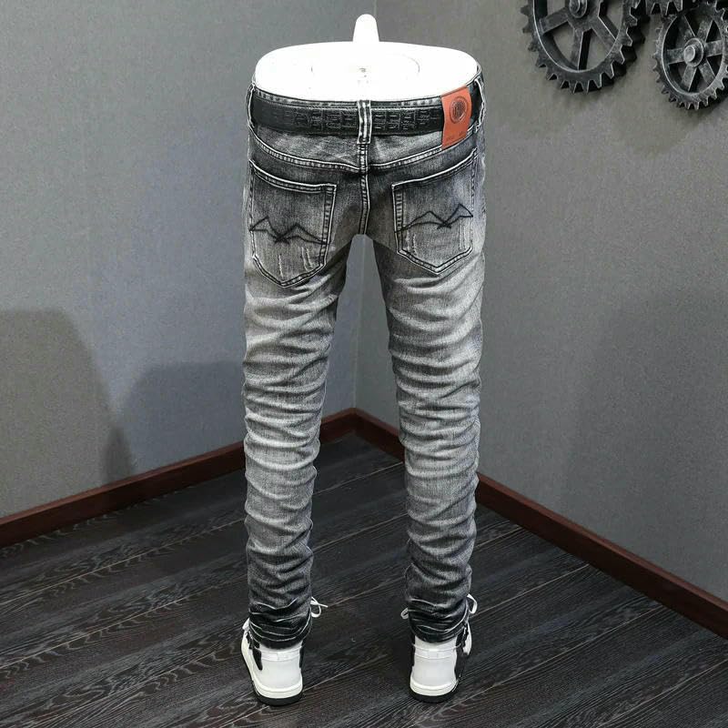Men's Jeans Retro Dark9 Gray9 Elastic Slim Fit Ripped ​​Trousers Men Vintage Casual Denim Pants3