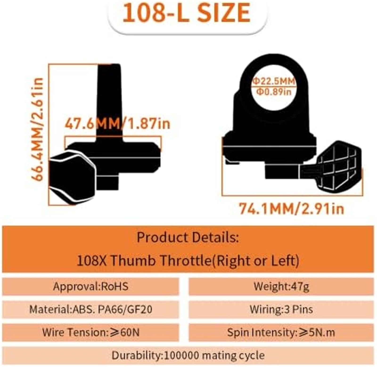 E-Bike 108X Controllo della velocità dell'acceleratore a pollice sinistro Connettore impermeabile a 3 pin 12V 24V 36V 48V 72V, for monopattini elettrici ed EBike Acceleratore a pollice per sco