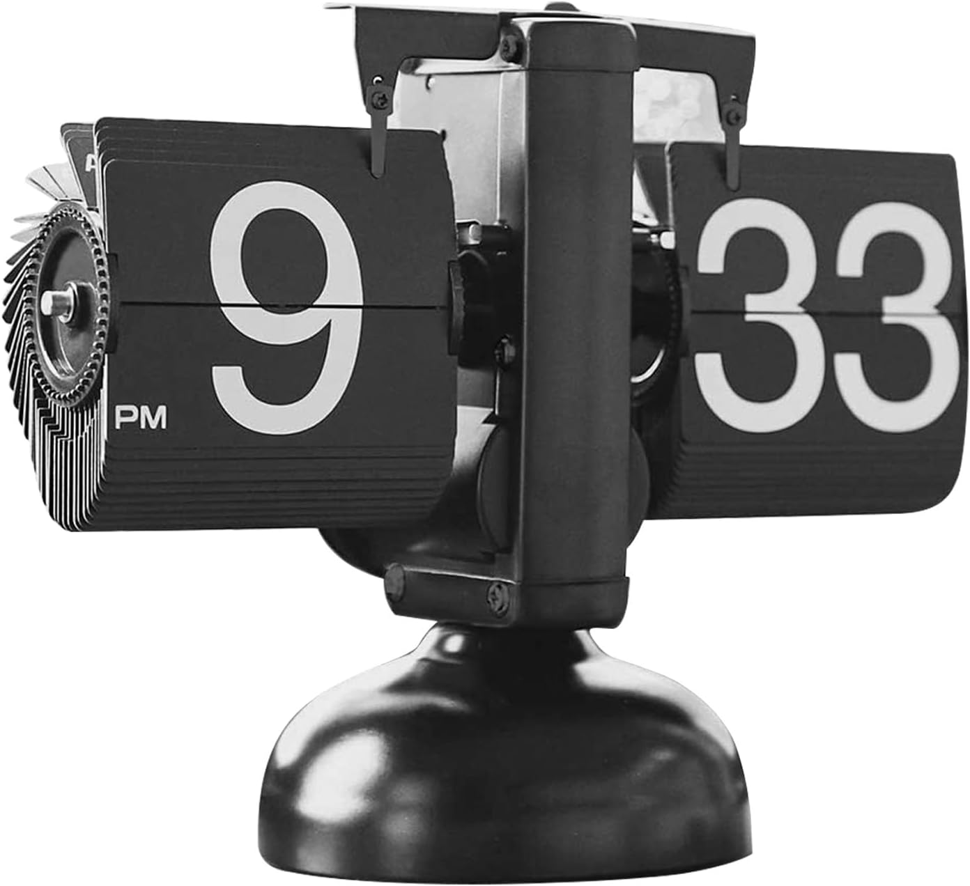 Flip Clock, Retro Flip Vintage Desk Table Clock Large Number Battery Powered Internal Gear Operated Home Décor Ideal for Home Office School Hotel Café with Retro Decor (Black-Round Base)