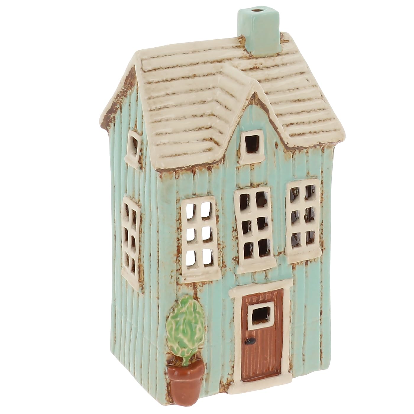 Shudehill Giftware Pastel Green Village Pottery Panel House Tealight Holder, Ceramic, Hand Finished, Cottage Style Decoration, Teal And Cream