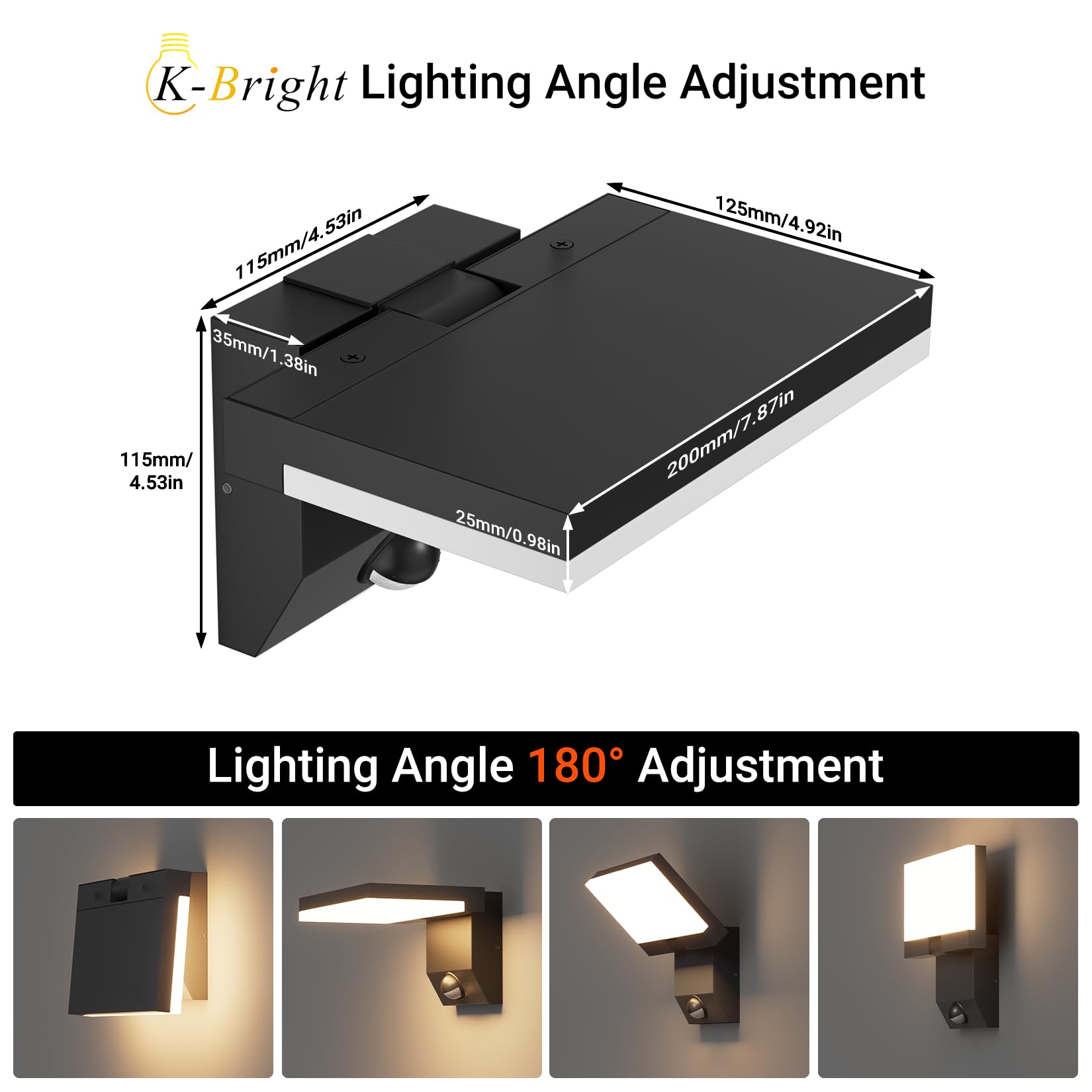 K-Bright Lampa 24 W z czujnikiem ruchu, światło zewnętrzne regulowany kąt świecenia, lampa 3000 K, lampa zewnętrzna IP65 (czarna)