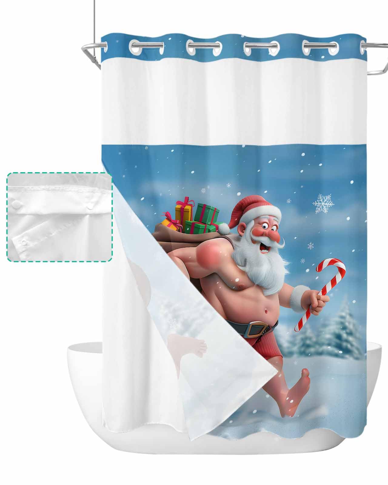 Christmas Shower Curtain – Santa & Tree Lights Design | Waterproof Fabric 72x72 Inches, Machine Washable