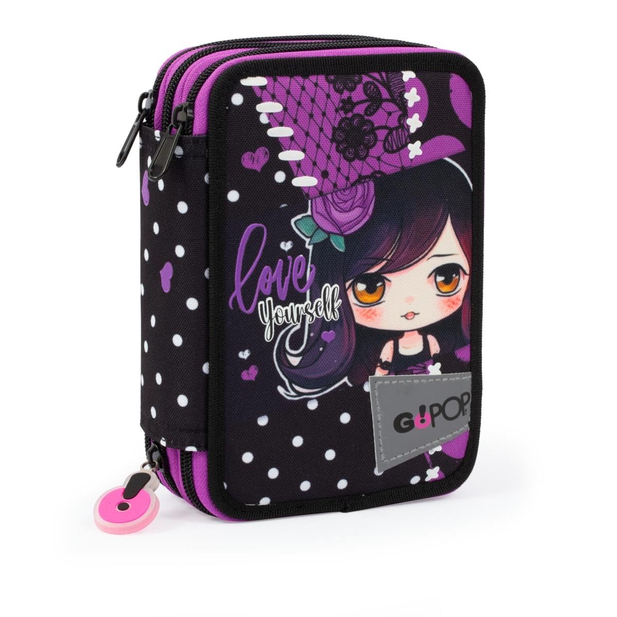 Giochi Preziosi Go Pop – Estuche Triple Love Dark con 3 Cremalleras y 3 Compartimentos, Completo de lápices, bolígrafos, rotuladores, Ceras, Goma, Tijeras, Regla y sacapuntas, Multicolor, Go Pop