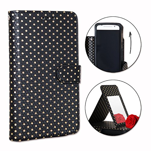 PH26® Etui Housse Folio pour Wileyfox Spark à Pois dorés en éco-Cuir Noir avec Porte Cartes, Miroir et surpiqures Apparentes