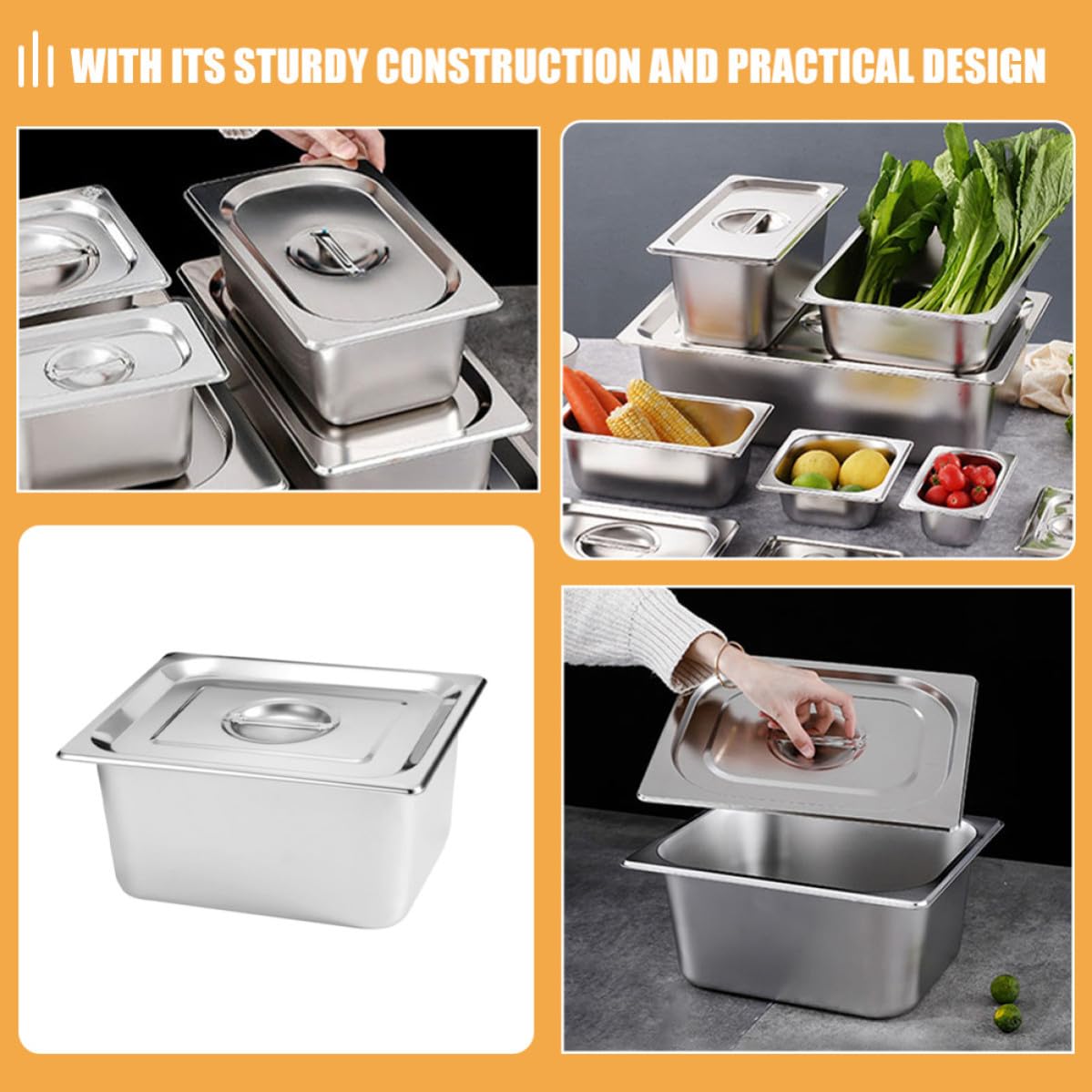 INOOMP Set da 2 Piatti da Portata Rettangolari in Acciaio Inossidabile con Coperchio, Resistenti e Riutilizzabili, per Buffet e Catering