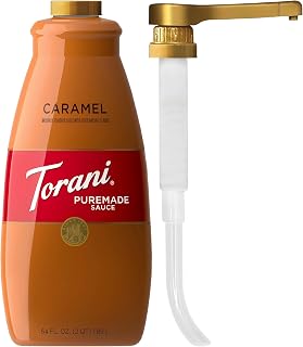 Torani Puremade Caramel Sauce 64oz with Pump - No Artificial Flavors, Thick for Lattes, Macchiatos & Desserts