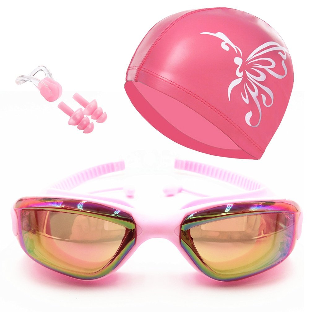 Swim Goggles Swim Cap Nose Clip EarPlugs,Goggles Coated Lens No Leaking Anti Fog UV Protection for Adult Men Women