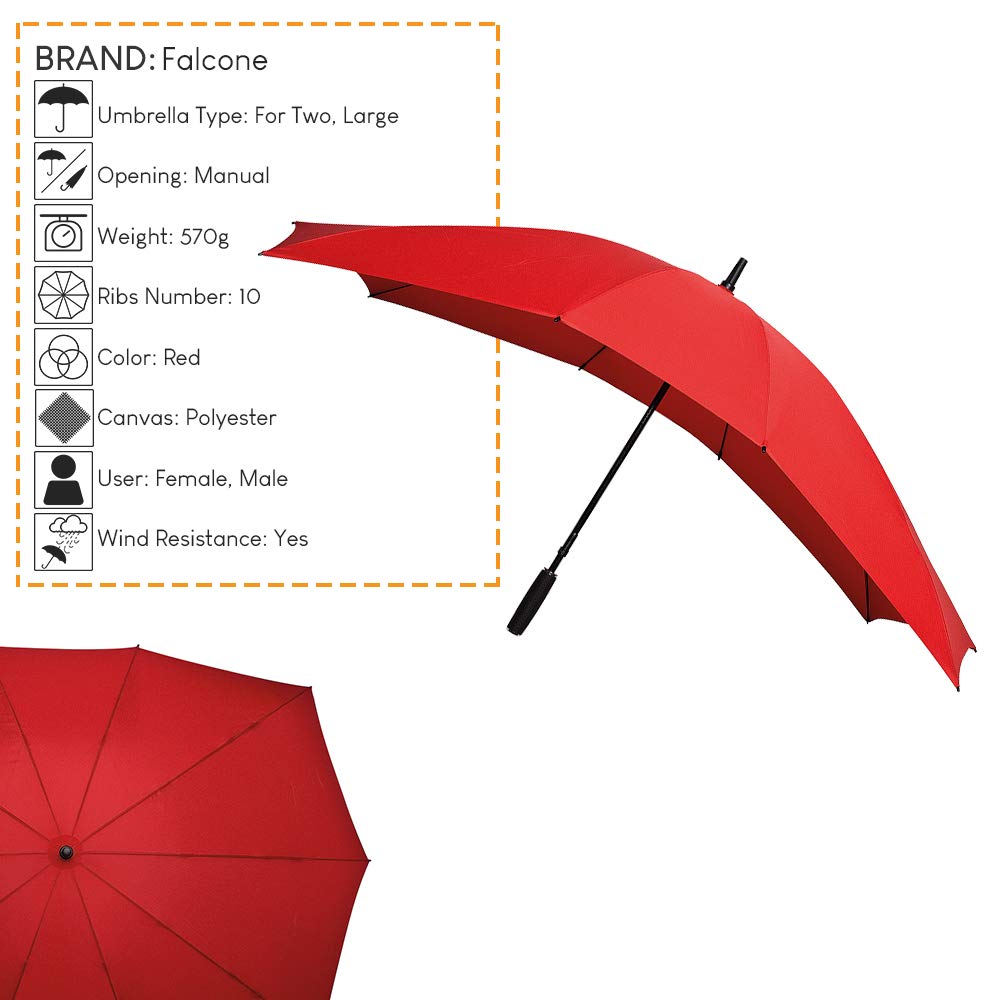 Paraguas recto para dos - paraguas para pareja - rojo - excelente resistencia al viento - Falcone, rojo, Diamètre: 140 cm, Tendencia