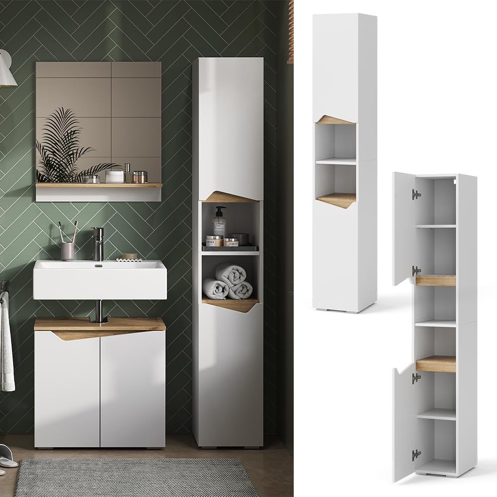 Vicco Armario de baño Marelle, Blanco/Artesano, 30 x 180 cm | con puertas y compartimentos abiertos, para guardar artículos de baño y toallas