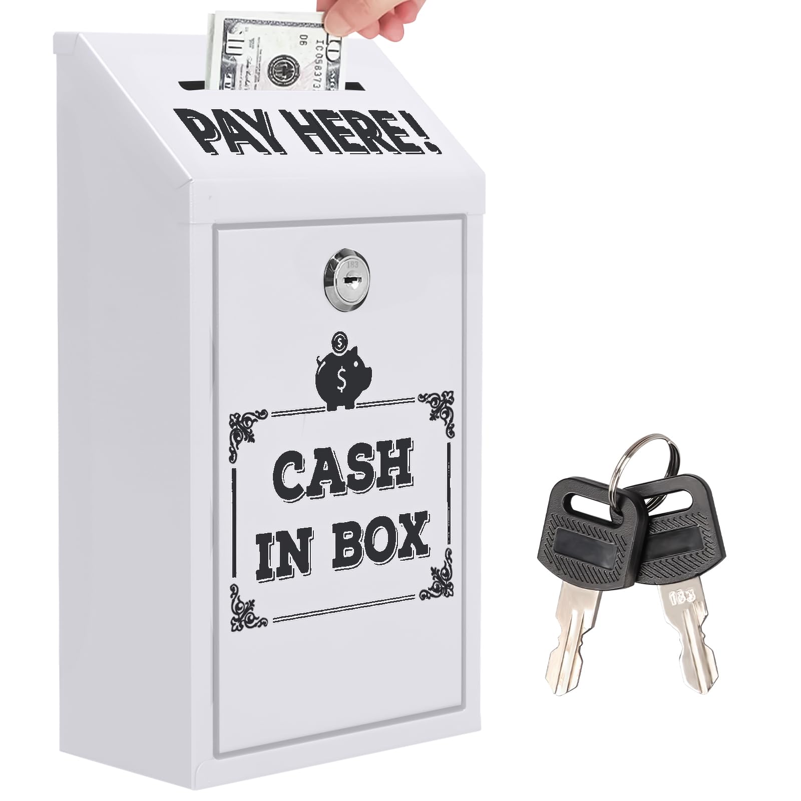 Les-Theresa Charity Donation Box with Lock Wall Mounted Collection Box Metal Suggestion Box with Top Slot Cash Boxes, Secure Cash Drop Box for Home Office Business (White)
