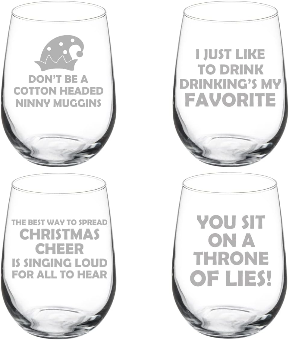 MIP Set of 4 Wine Glass Goblet Christmas Collection 2 Elf Hat (17 oz Stemless)