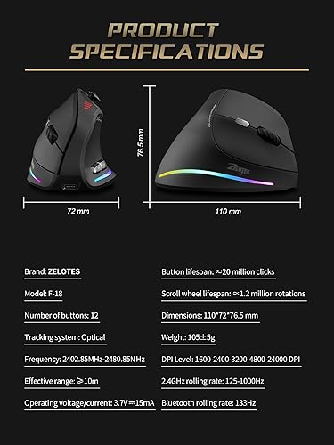 Miniatura 9 de Wireless Gaming Mouse with 5D Rocker, ri-Mode ，24000 DPI 12 Programmable Buttons Ergonomic Mouse for Carpal Tunnel, Rechargeable